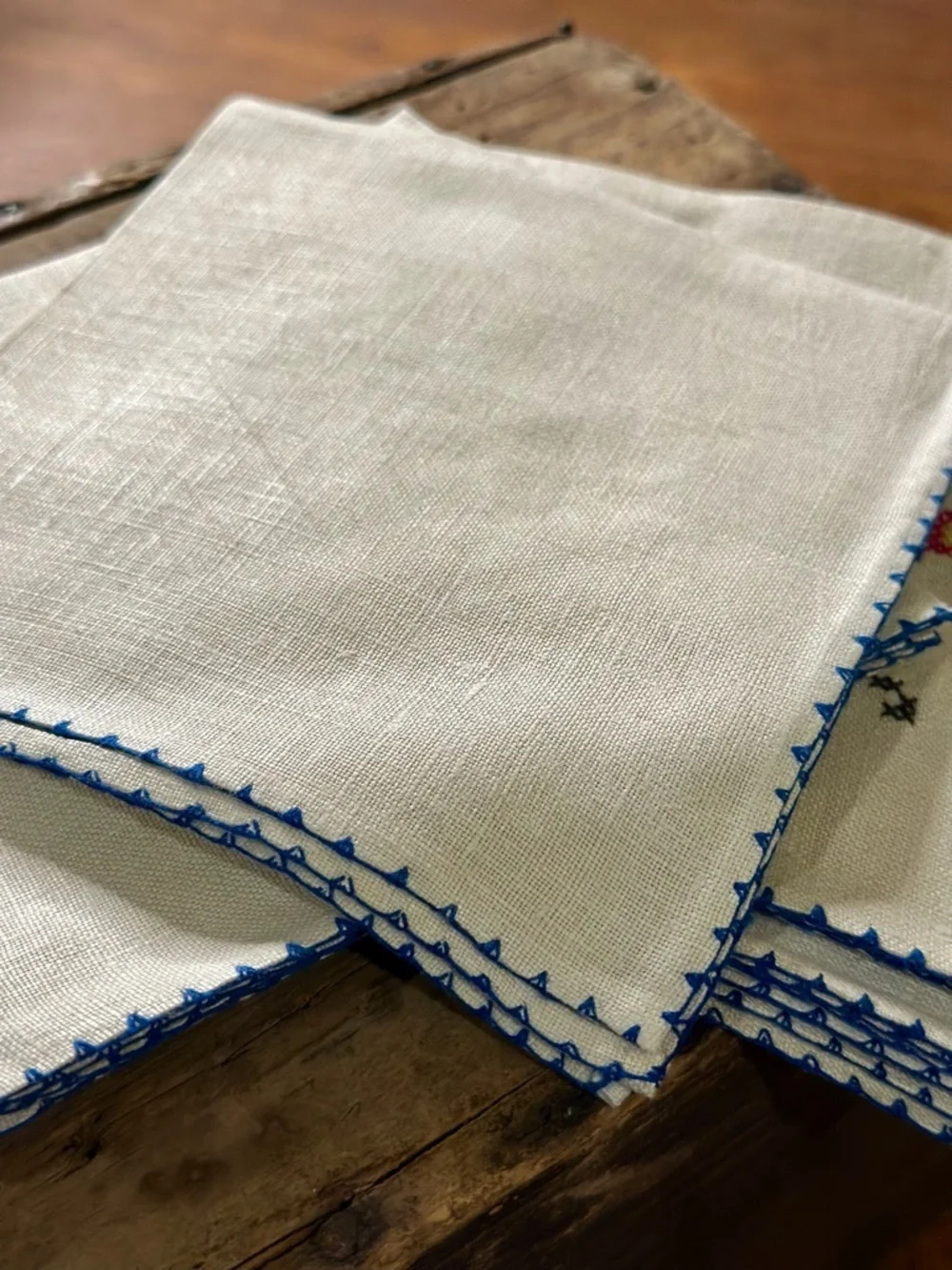 6 Vintage Hand Embroidered Floral Linen Napkins with Blue Trim